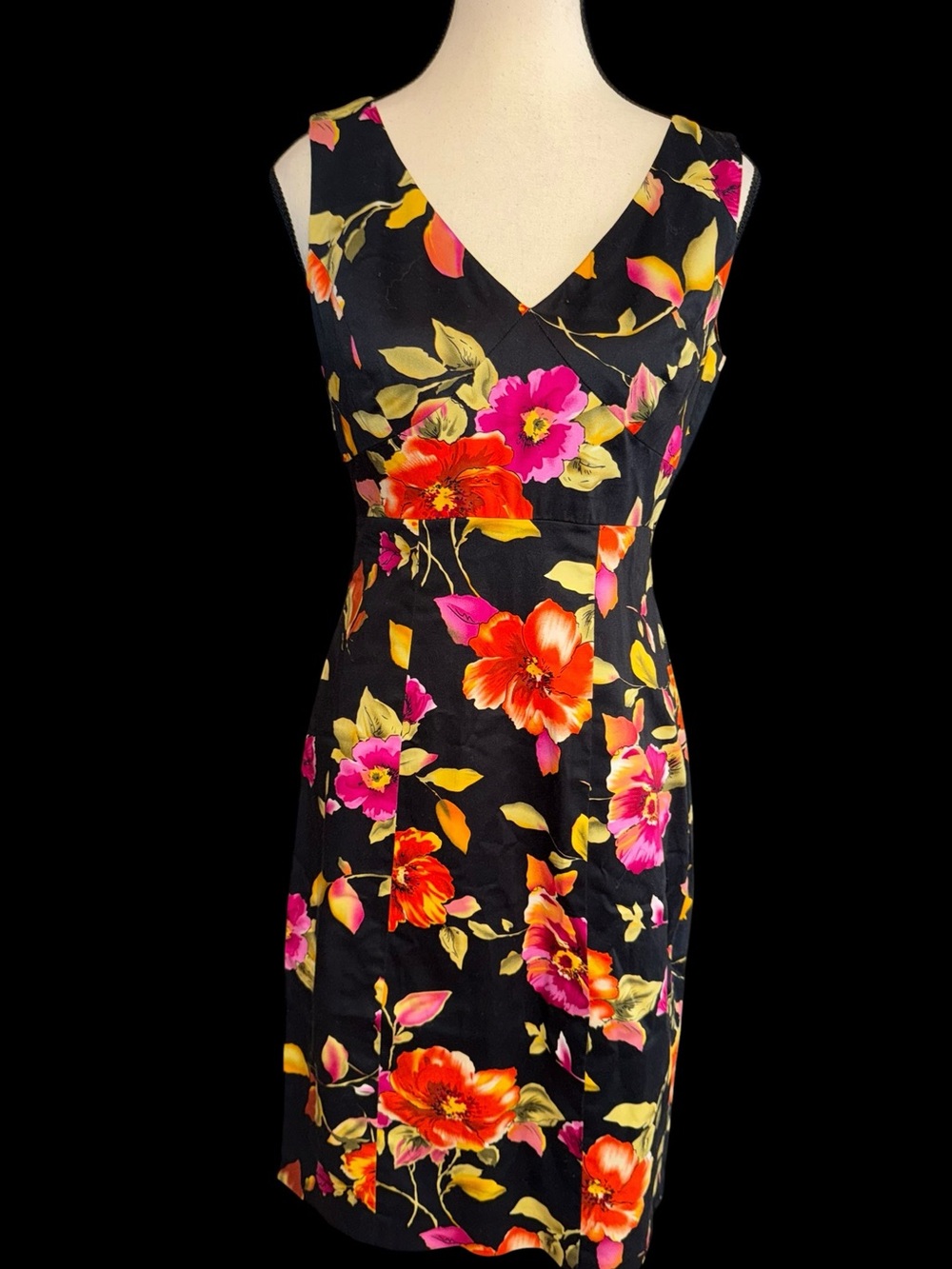 Evan Picone Black Floral V-Neck Sheath Dress - Multi-Color black sleeveless Sz 4